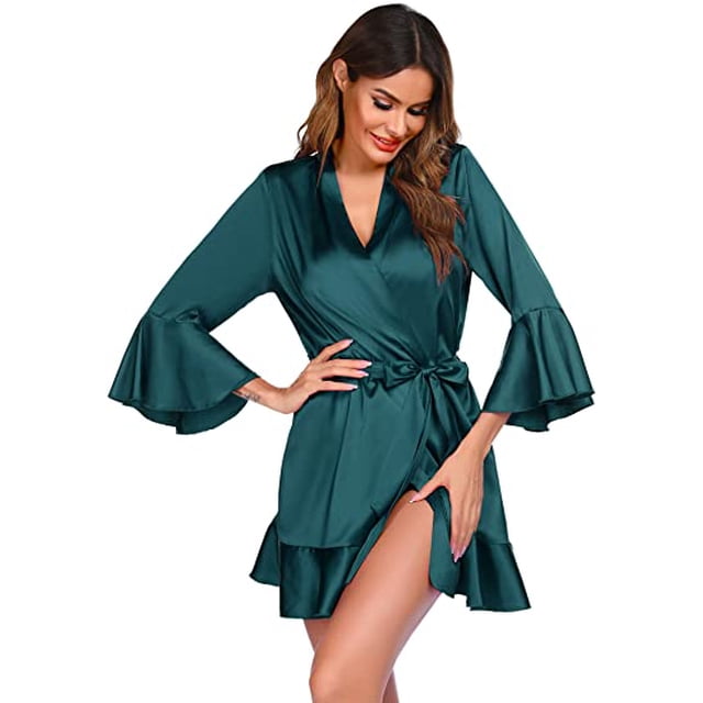 Women Satin Robe Ruffle Hem Kimono Short Robes V-Neck Pure Color Bridesmaid Wedding Party Bathrobe Dressing Gown