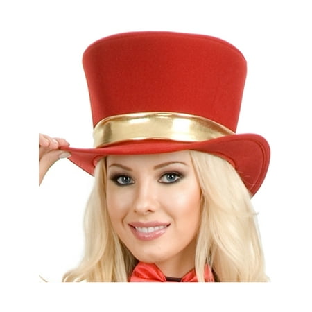 Women's Circus Magician Showgirl Red Top Hat With Gold Ribbon Costume