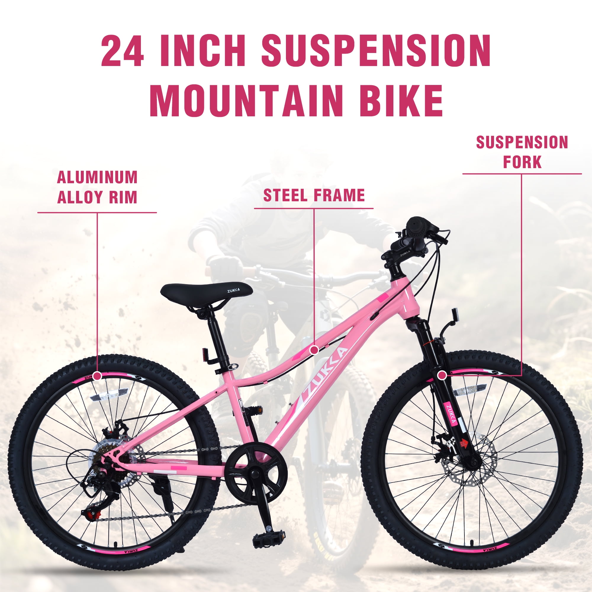 24 Inch 6-Speed Mountain Bike for Kids Boys and Girls, High-Strength Steel Frame Bicycle with Suspension Fork and Dual Disc Brakes, Adjustable Seat and All-Terrain Tires for Ages 9-12, Pink