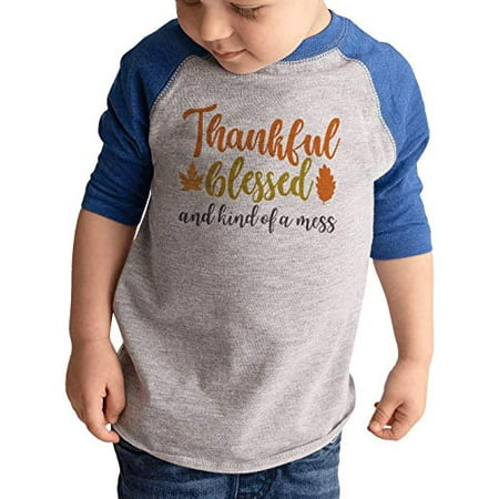

7 ate 9 Apparel Kids Funny Blessed Mess Raglan Blue