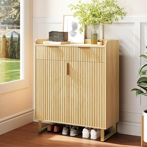 VINGLI Modern Fluted Shoe Cabinet with Drawer - Oak Wooden Entryway Storage Organizer with Gold Legs, Adjustable Shelves for Hallway/Living Room/Bedroom