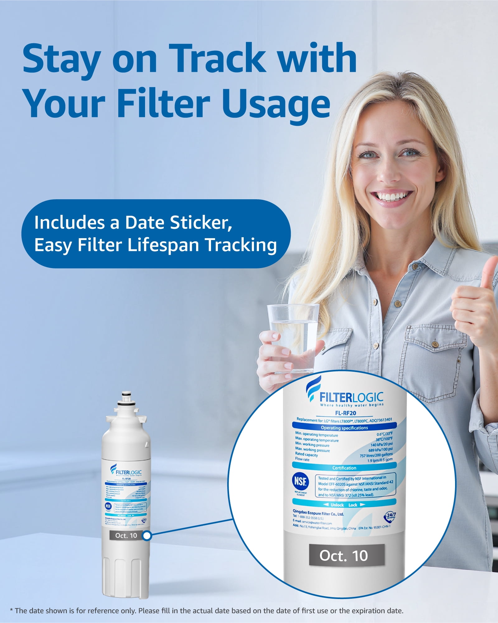 Filterlogic ADQ73613401 Refrigerator Water Filter, Replacement for LG® LT800P®, LT800PC, ADQ736134, ADQ73613402, LSXS26326S, LSXS26366S, LMXS30776S, LSXS26366D, LMXC23746S, 46-9490, 469490, Pack of 6