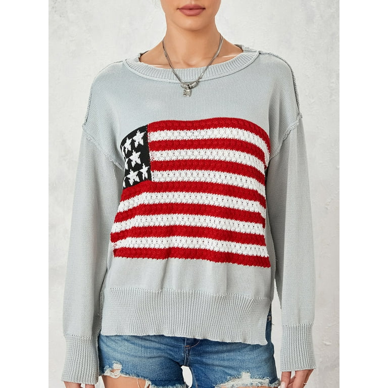 Qtinghua Women Y2K Vintage Loose Sweaters Long Sleeve American Flag Print 90s Aesthetic Pullovers Streetwear Spring Fall Gray M