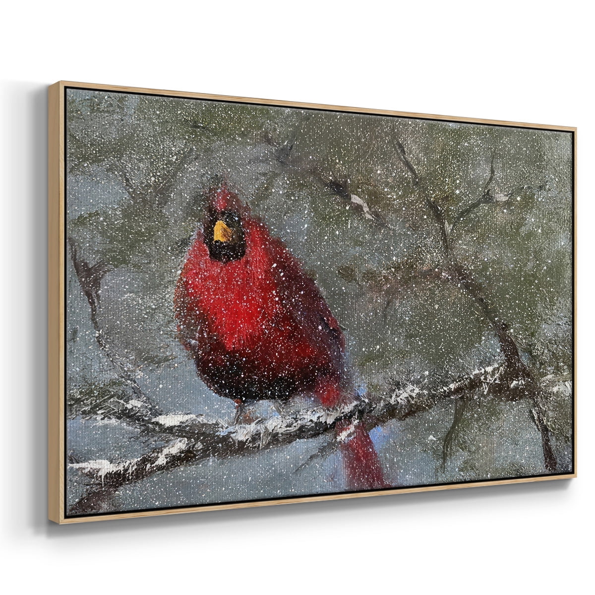Cardinal in Snow I - Framed Gallery Wrapped Holiday Canvas - 25 x 37 - Natural Wood Frame
