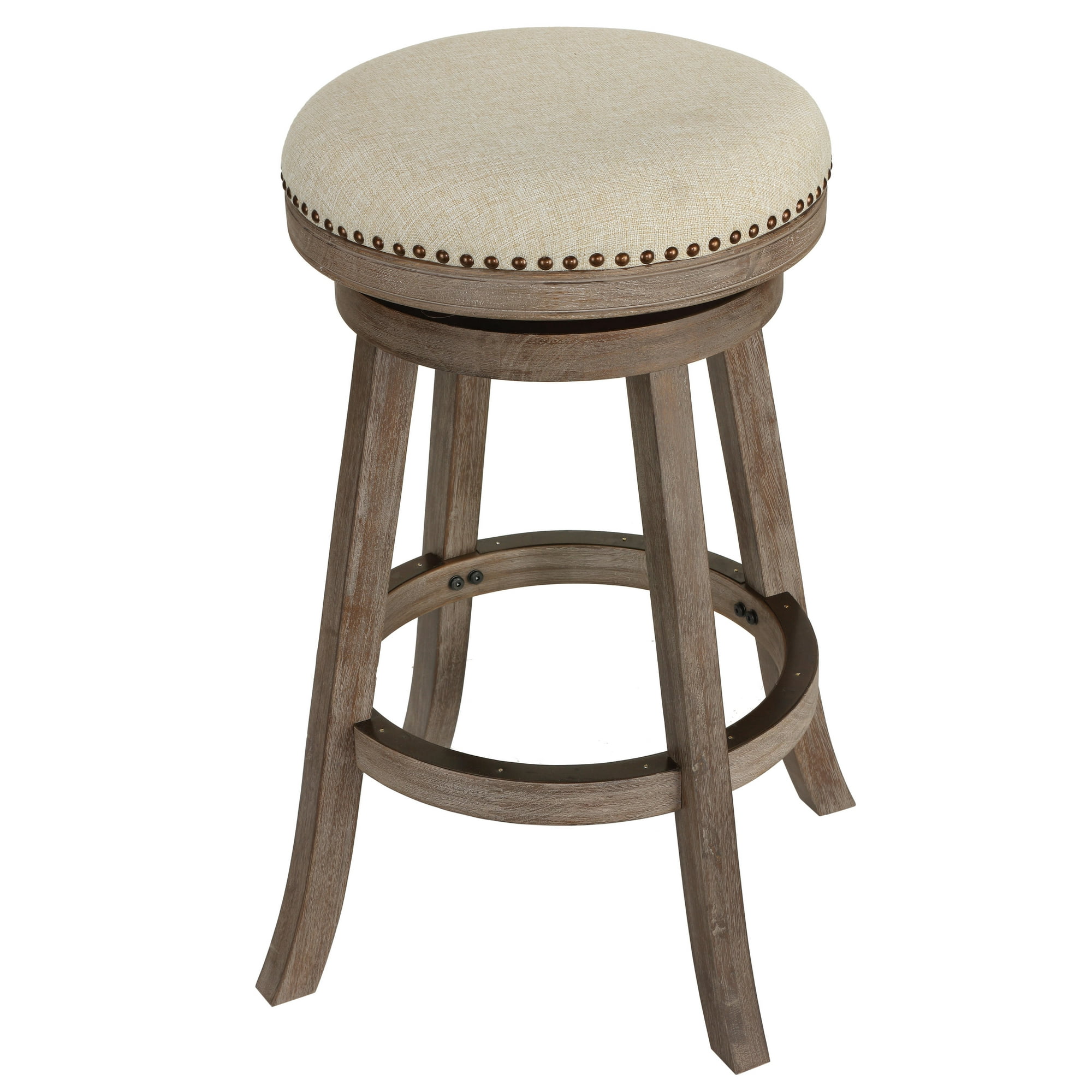 Cortesi Home Piper Backless Swivel Bar Stool in Solid Wood and Beige Fabric, 30" H