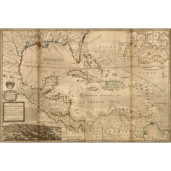 24"x36" Gallery Poster, map of West Indies cuba 1715 p2