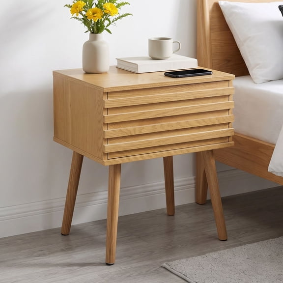 Mid-Century Modern Nightstand with Fluted Drawer, Wooden Bedside Table with Solid Wood Legs, Small End Table for Bedroom, Living Room, Easy Assembly, Natural Oak