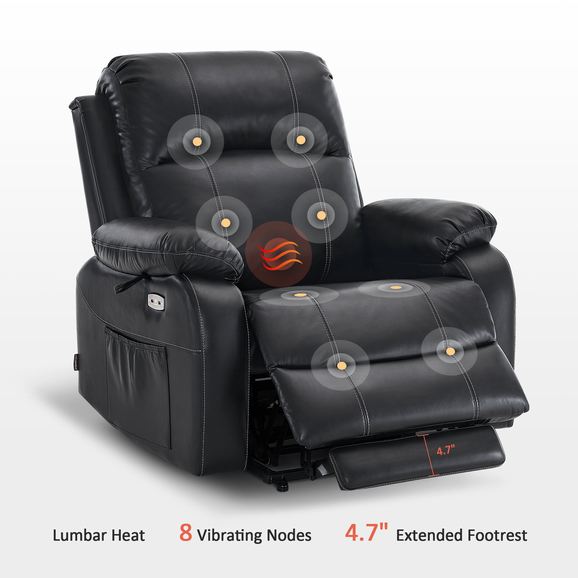 MCombo 27.2'' Extra Wide Seat Power Lift Recliner Chair with Massage and Heat for Short People, Faux Leather R7410 (Black, Wide)