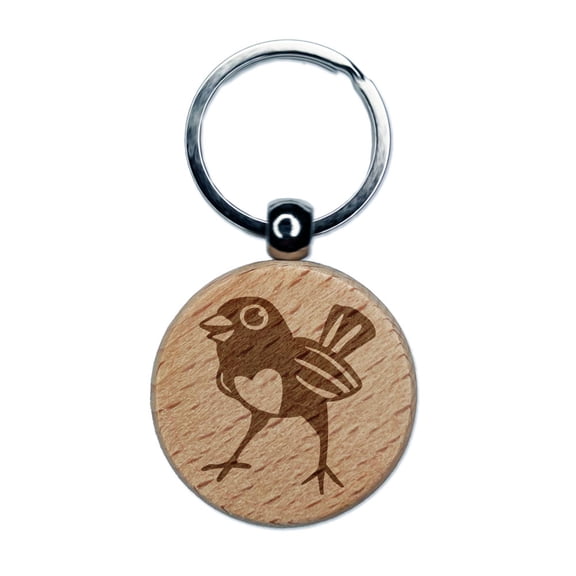 Happy Little Robin Bird With Heart Chest Cute Love Round Keychain Charm Tag - Engraved Wood