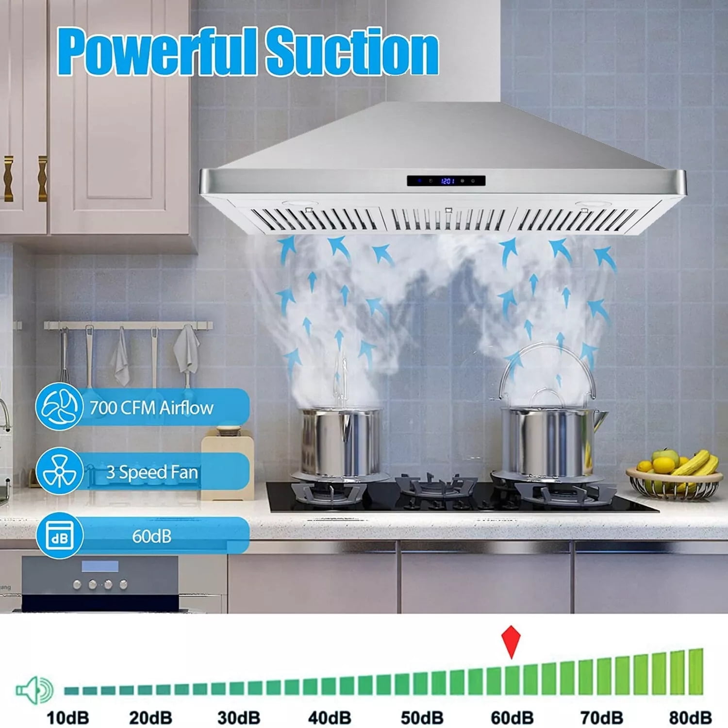 Joeaonz 36" Wall Mount Range Hood, Buttonless Stainless Steel, 700 CFM, Dishwasher-Safe Filter, ETL Certified