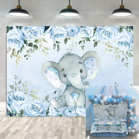Image of 6×4FT Birthday Backdrop Blue Backdrop Baby Shower Backdrop for Boy Cute Elephant Background Birthday Party Decorations