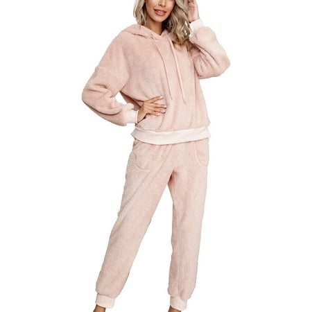 

Colisha Ladies Pajamas Sets Fuzzy Fleece Sleepwear Drawstring Nightwear Loose Home Clothes Elastic Waist Hoodies And Pant Apricot M