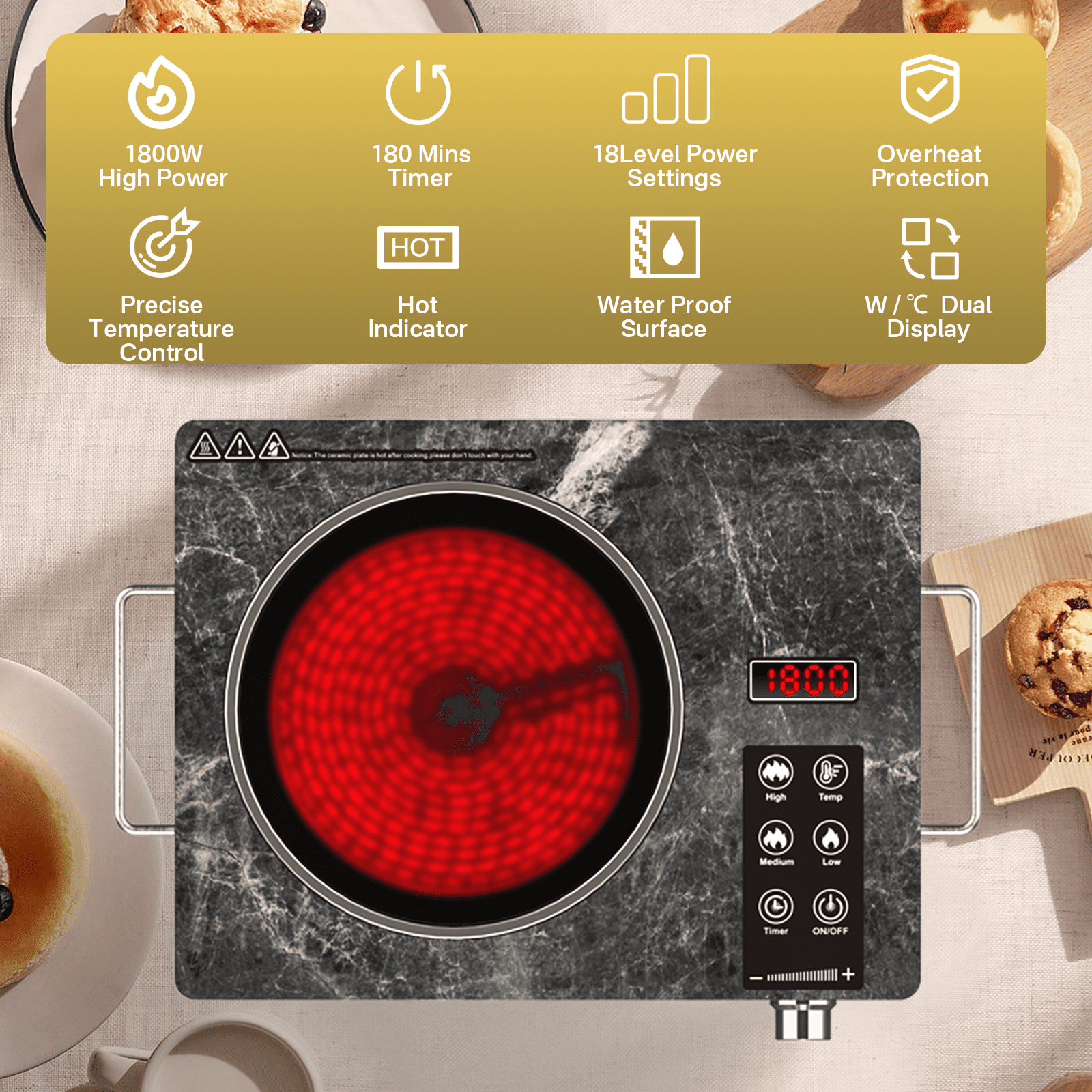 Graceall Single Burner Ceramic Cooktop, Portable 1800W Electric Stove, Countertop Burner for Cooking, Kitchen Hot Plate Temperature Adjustable Compact Hob Camping Stoves