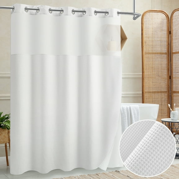 Barossa Design Waffle Weave Shower Curtain with Snap-in Fabric Liner, No Hook Needed, Mesh Window, White -71" x 86"