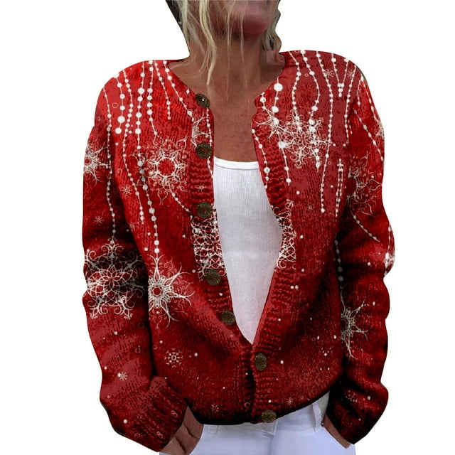 Jindong Women's Art Print Comfort Cardigan Button Christmas Cardigan