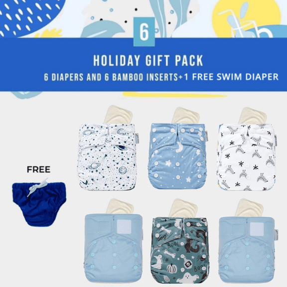 KaWaii Baby Blue Dream  Set | 6 One Size Printed  Cloth Diapers | 6 Bamboo Inserts | 1 Free Swim Diaper | for Daily Use