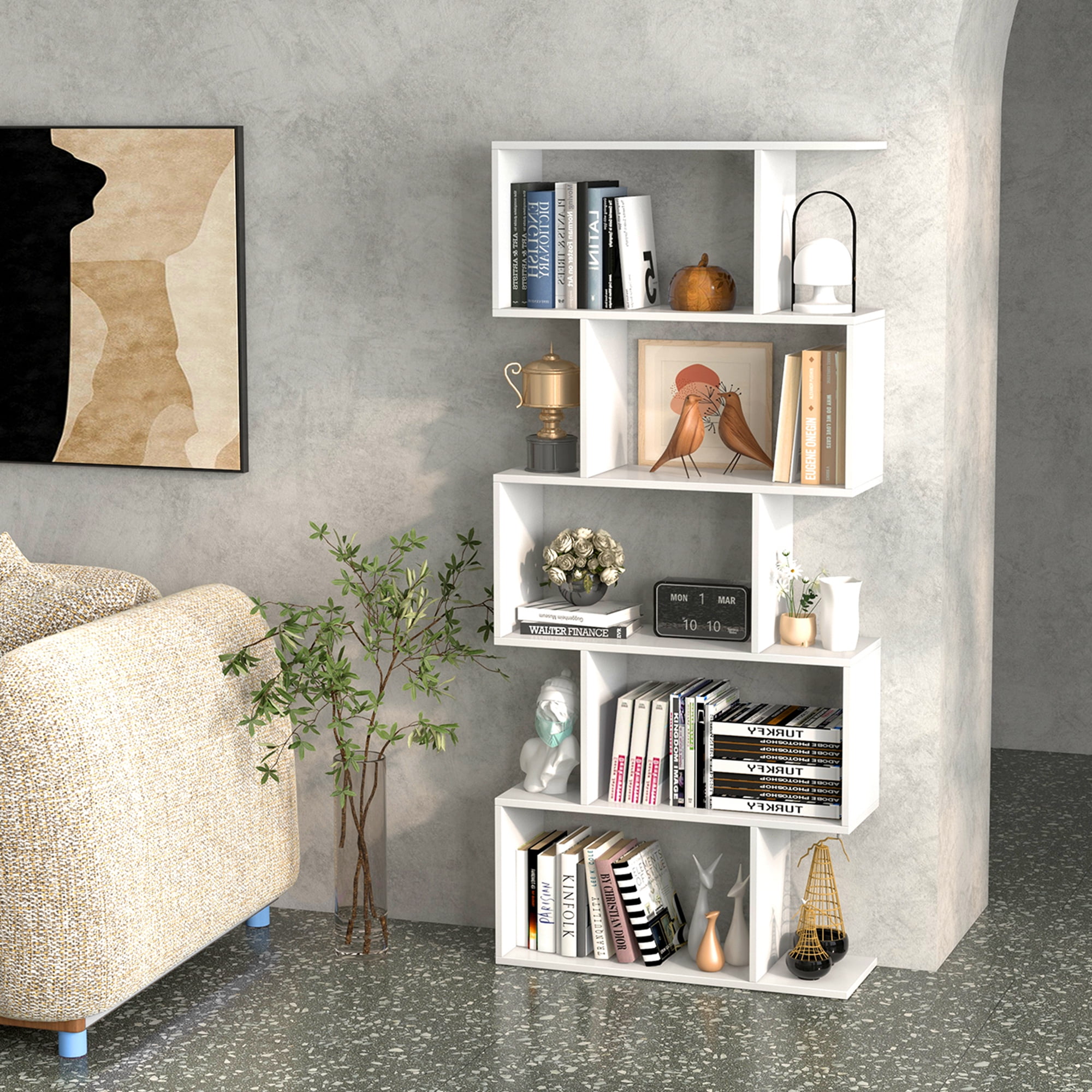 Costway 1 PC 5-Tier Bookshelf Geometric S-Shaped Bookcase Room Divider Storage Display Shelf White