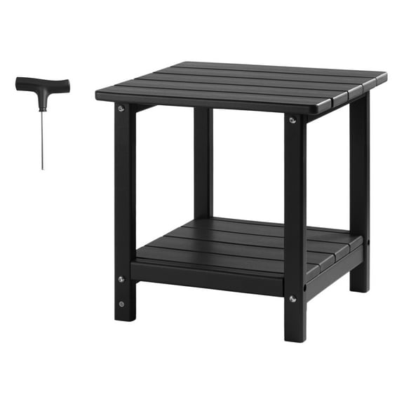 KFFKFF Outdoor Side Table, 17.72W x 14.96D x 17.32H Inch, Double-Layer HDPE End Table for Easy Care, Durable in Various Weather Conditions, Suitable for Patio,Poolside, Porch, Indoor, Backyard, Black