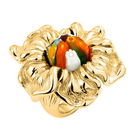 Murano Millefiori Flower Ring - Multi Color Faceted Millefiori Electroform Flower Ring Gold-Tone Plated Sterling Silver