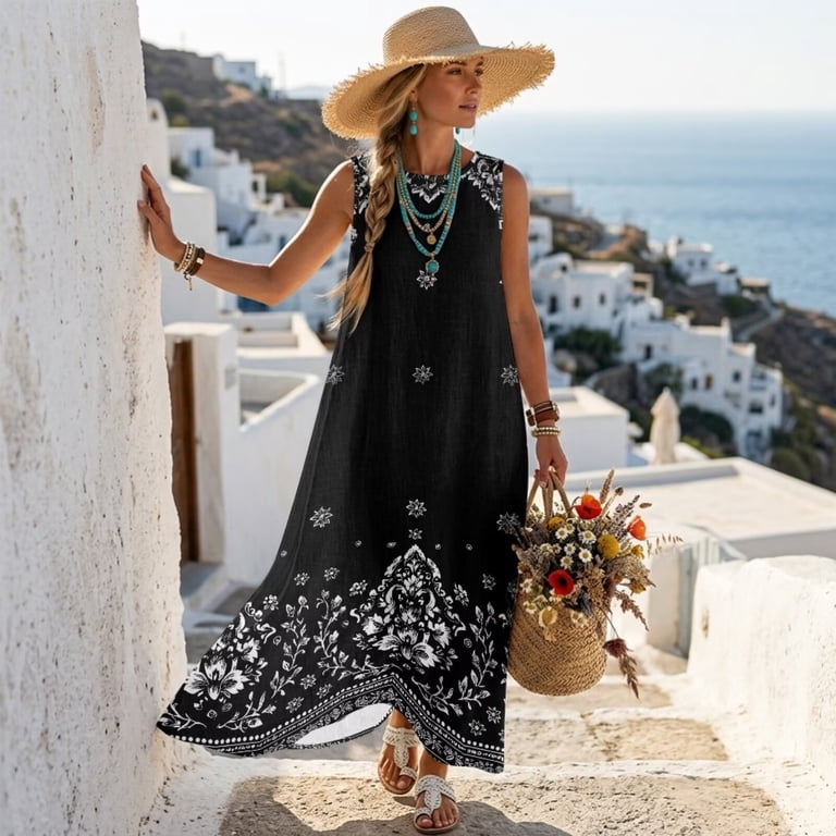 linen look maxi dress Jiueut Black Floral Print Women's Maxi Dress Sleeveless Wrinkle Resistant Linen  Look Sundresses Crew Neck Dress with Pockets Long Casual Maxi Dresses for  Women, L