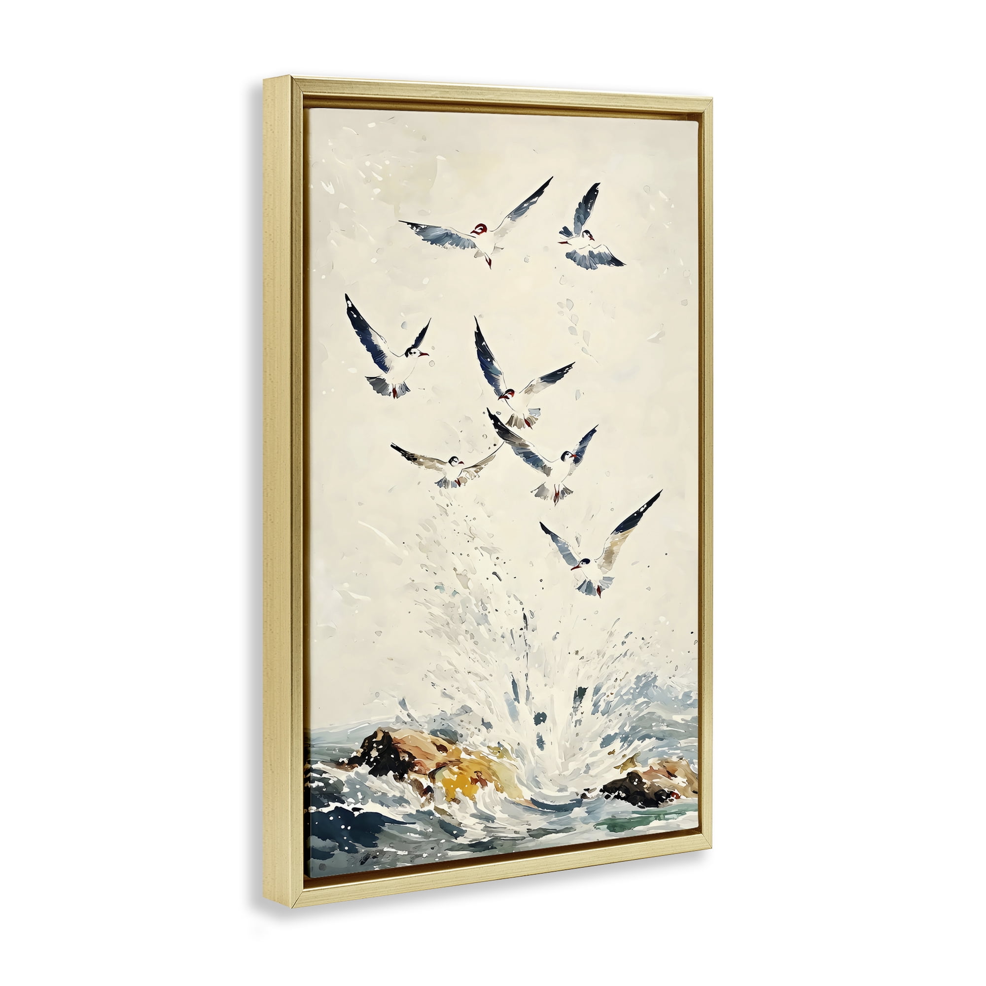 Stupell Industries Waves of Seagulls over Rocks Gold Framed Floater Canvas Wall Art, design by Creative Studio