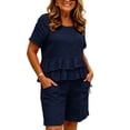 thumbnail image 5 of Womens Linen Two Piece Sets Ruffle Short Sleeve Blouse and Drawstring Pocket Shorts Casual Summer Outfits for Women Navy XXL(XXL), 5 of 6