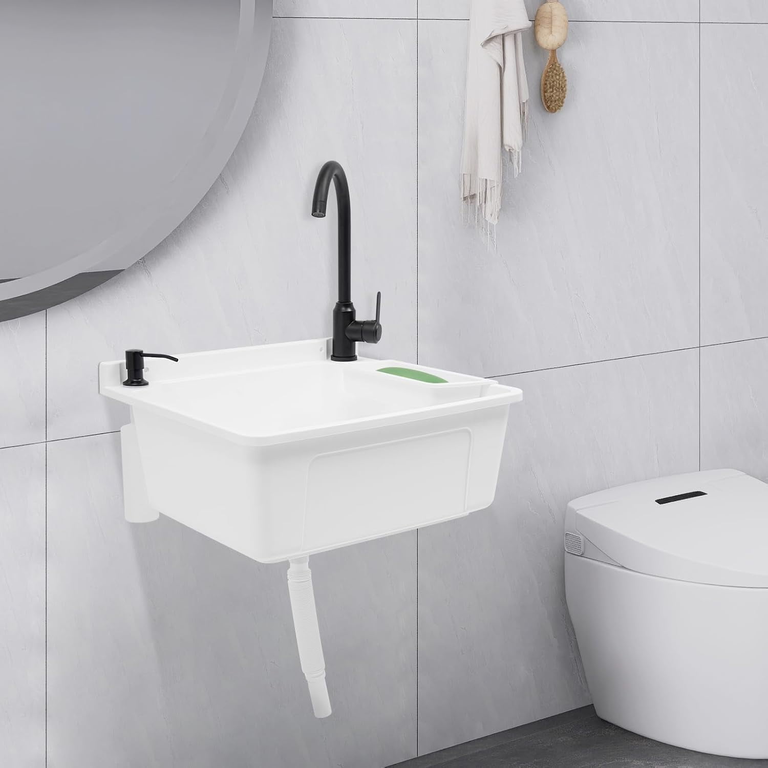 Wall-Mounted Utility Sink Tub Kit with Aluminum Alloy Faucet and Soap Box,Black Anti-clogging Laundry Sink for Bathrooms, Sundry Rooms, Garages(White)