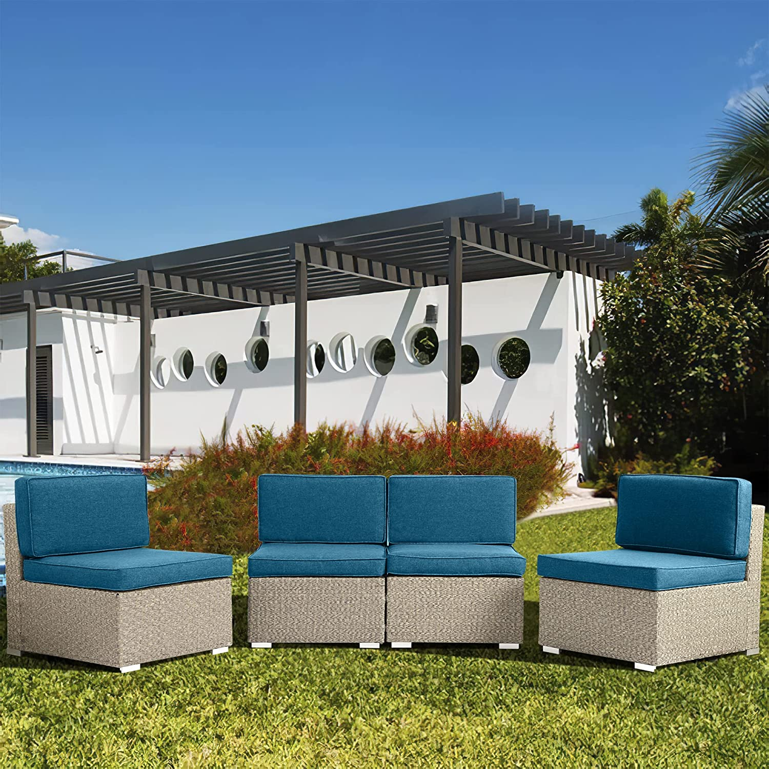 KIGOTY 4-Pieces Rattan Wicker Chairs Set of 4 Patio Chairs All Weather Dinning Chair Garden Chair with Thick Cushions, Peacock Blue - image 2 of 7