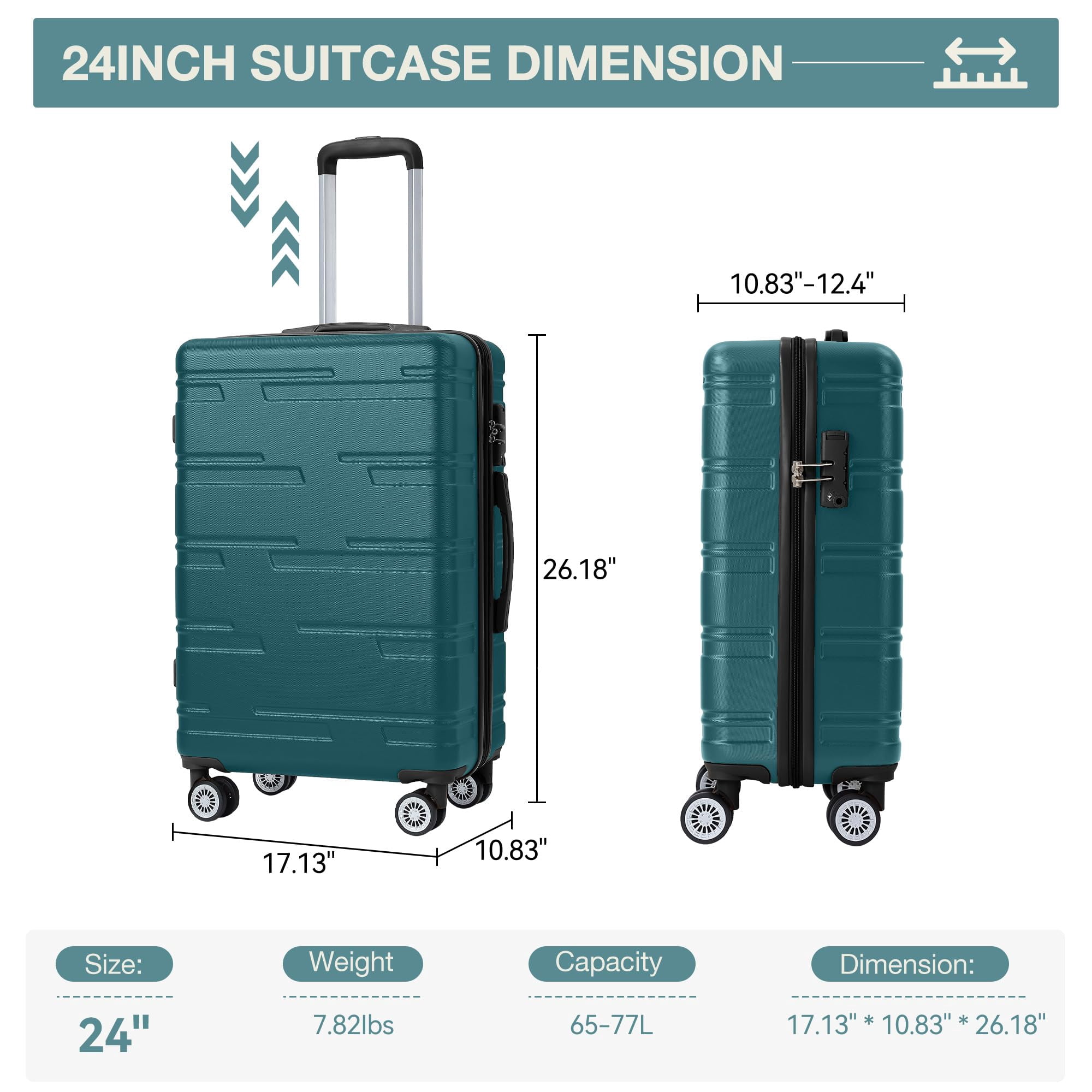 24" Expandable Hard Shell Carry On Luggage with No Noise Spinner Wheels, 77L ABS Hardside Carry On Suitcase with TSA Lock, Lightweight Hardshell Suitcase with Adjusts in 3 Stages for Trips, Vacations