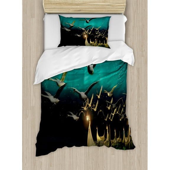 Ambesonne Fantasy Duvet Cover Set, Elf Boats Birds Swans, Twin, Sand Brown Dark Teal