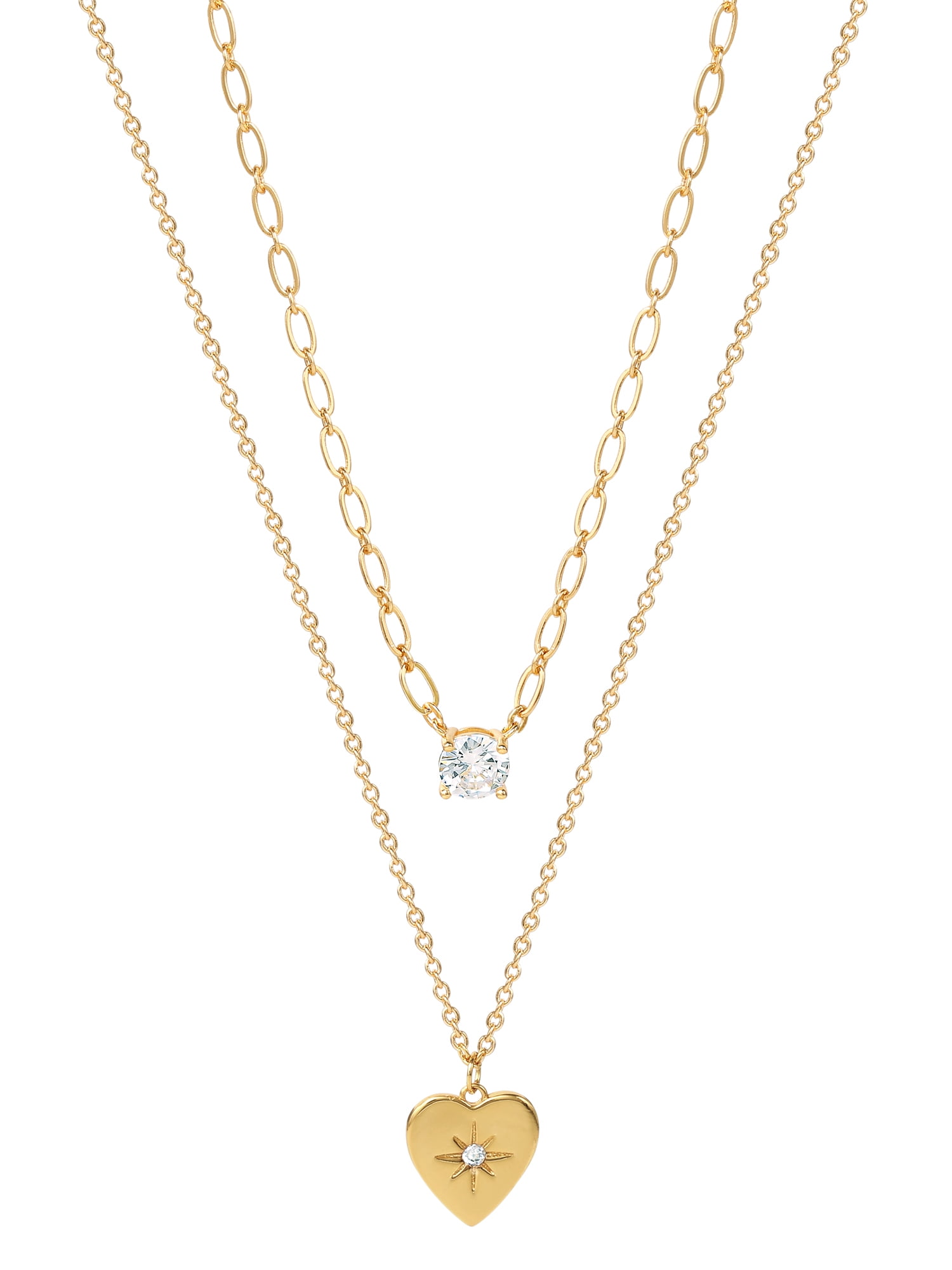 Believe by Brilliance 14kt Gold Flash Plated Layered Cubic Zirconia and Heart Necklace Set