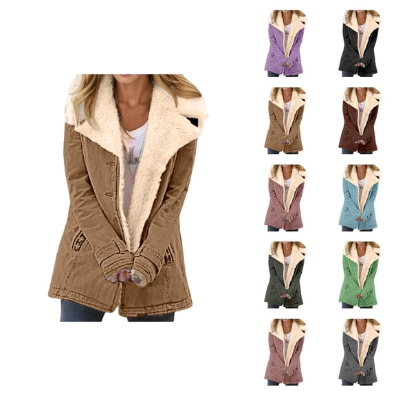 Winter Jackets for Women Long Sleeve Lined Suede Notch Collar Button Cardigan Coat Outerwear with Pockets
