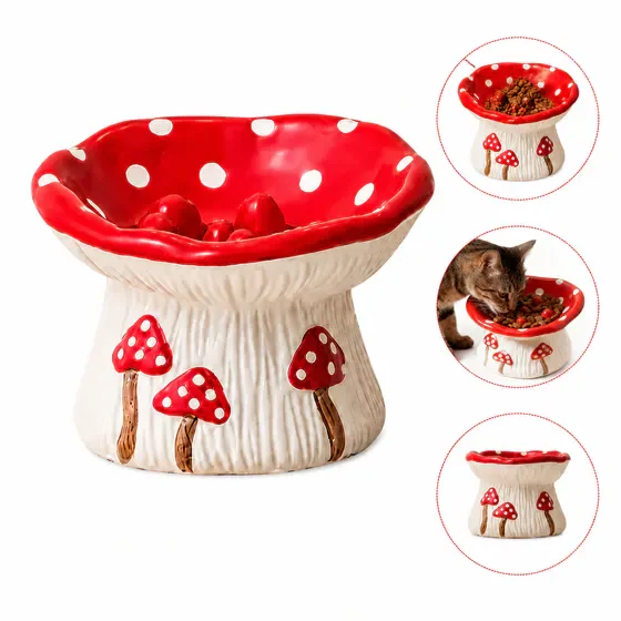 Cute Mushroom Elevated Ceramic Slow Feeder Bowl, Anti‑Vomiting Anti‑Fatigue Wide Shallow Design for Cats and Small Dogs