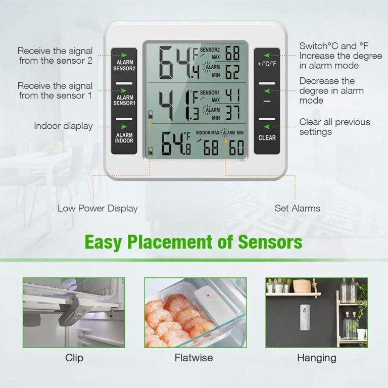 LOFICOPER Wireless Refrigerator Thermometer, Digital Fridge and Freezer  Thermometer, Wireless Temperature Monitor with 2 Sensors, Alarm Function,  ℃/℉ Switch for Indoor Outdoor Use, White - Yahoo Shopping