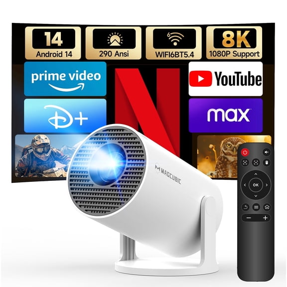 Magcubic Mini Projector 8K 1080P Support with WiFi 6 & BT 5.4 290 ANSI Brightness, Auto Keystone, 180 Degree Rotation, Portable Projector for Home Theater & Outdoor Movies HY300Pro White