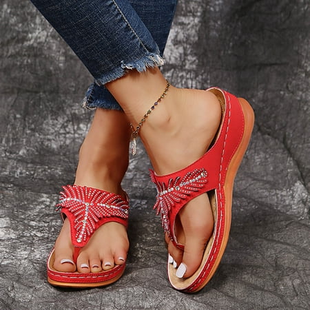 

DAETIROS Womens Wedge Sandals Outdoor Plus Size Thick Bottom Rhinestones Herringbone Slippers Womens Sandals Red Size 9.5