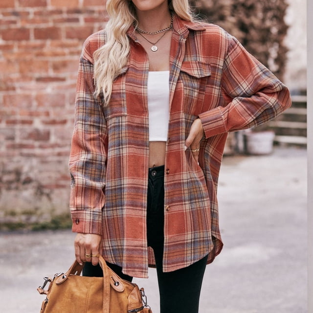 Camisa A Cuadros Blusas de otoño para mujer Blusas de camisa con cuello de solapa con bolsillo Cuello en V Traje diario Cgtredaw Naranja L para Mujer