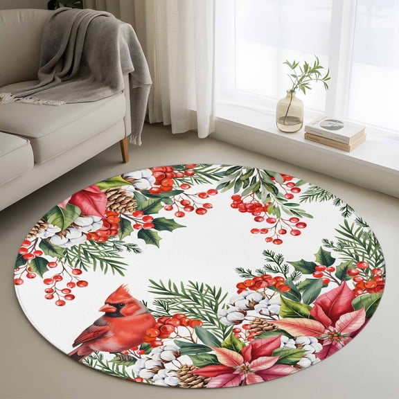 Small Round Rug 3Ft Washable Non-Slip, Cardinal Bird Circle Area Rugs for Living Room Bedroom, Winter Poinsettia Berry Pine Cones Floral Indoor Floor Mats Carpet Runner for Home Decor