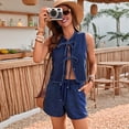 thumbnail image 6 of Women Tie Front Top 2 Piece Outfit Denim Set Sleeveless Deep V Neck Vest Jean Elastic Waist Shorts Sets Dark Blue M, 6 of 9