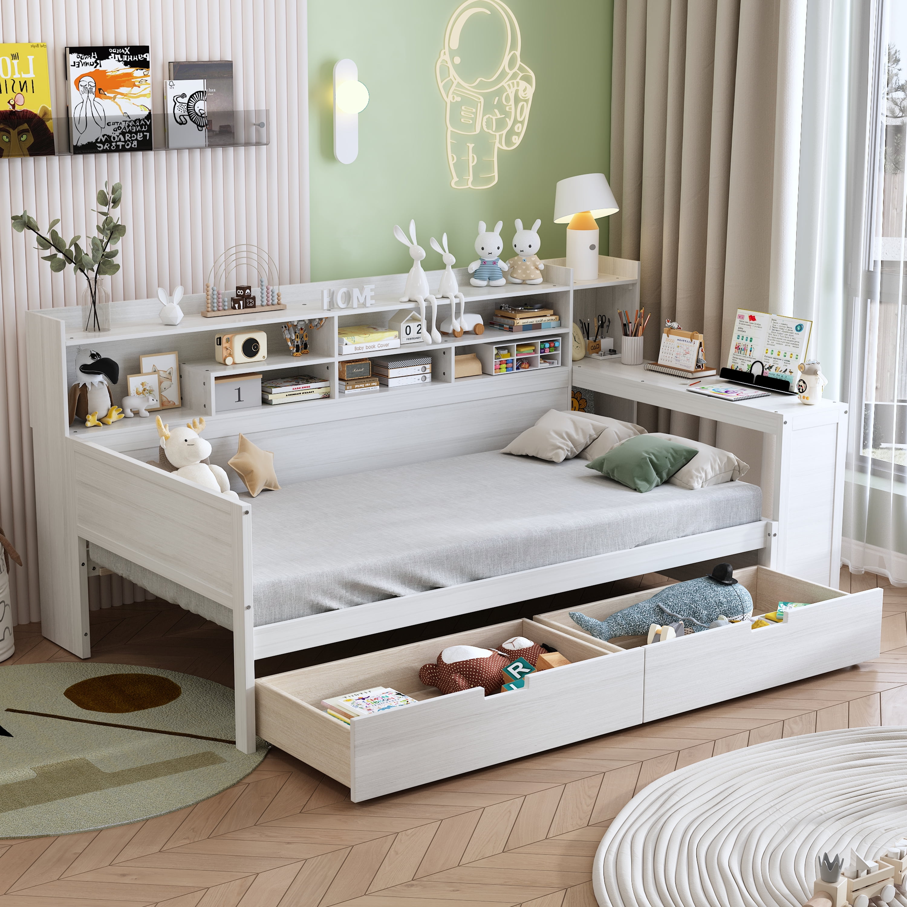 Twin Size Adjustable Bed Base, Wooden Twin Size Daybed with Storage Shelves, Multi-functional Bed with Two Storage Drawers and Study Desk, Antique White (Old SKU: HL000189AAK), Bed Frames