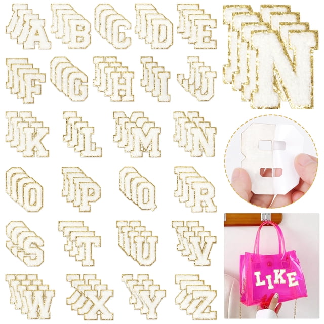 Parches con letras de chenilla NICEVINYL, 104 unidades, blancos, preppy, para bricolaje