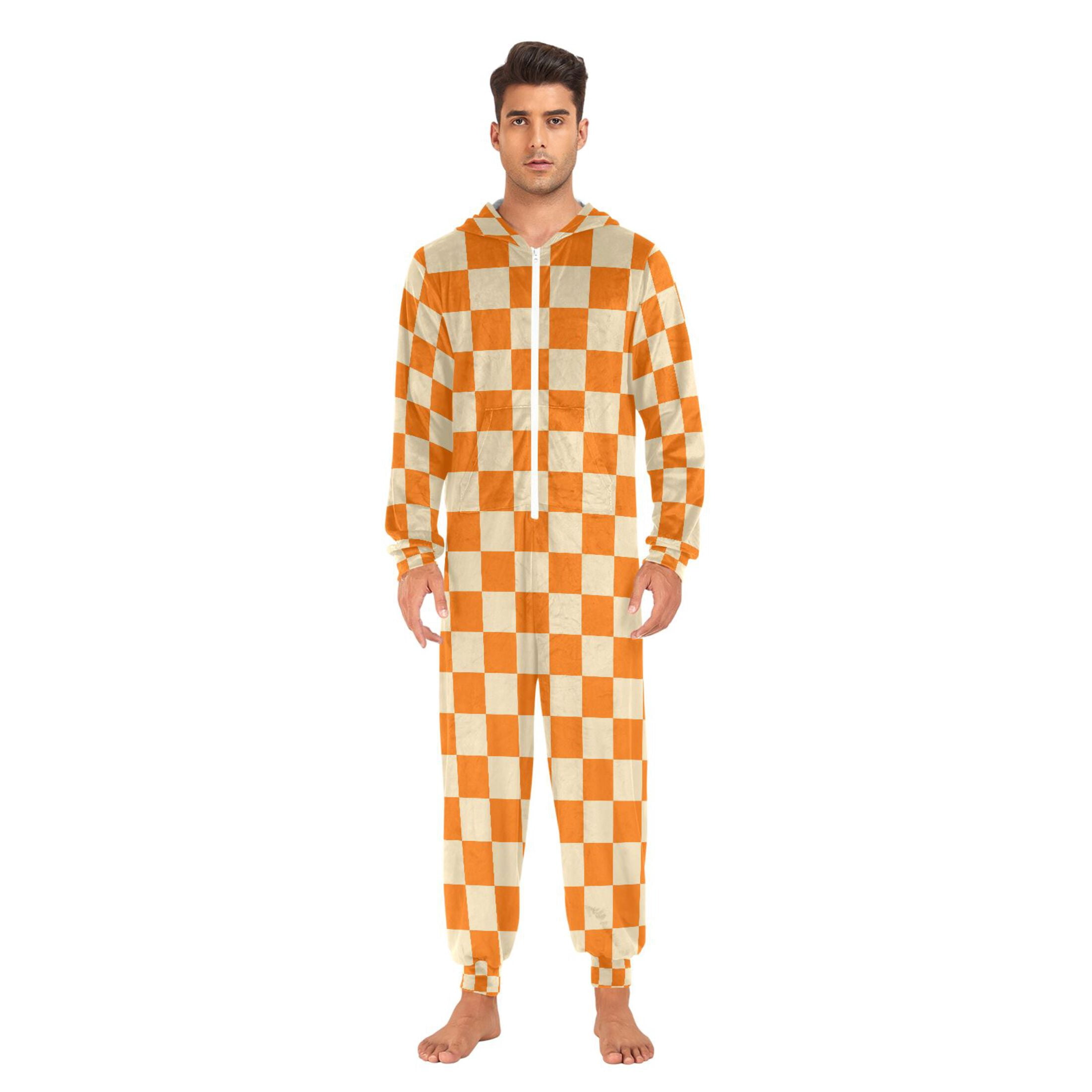 Adult Christmas Onesie Orange Yellow Checked Adult Zipper One-Piece Pajamas Unisex Pajamas with Pockets