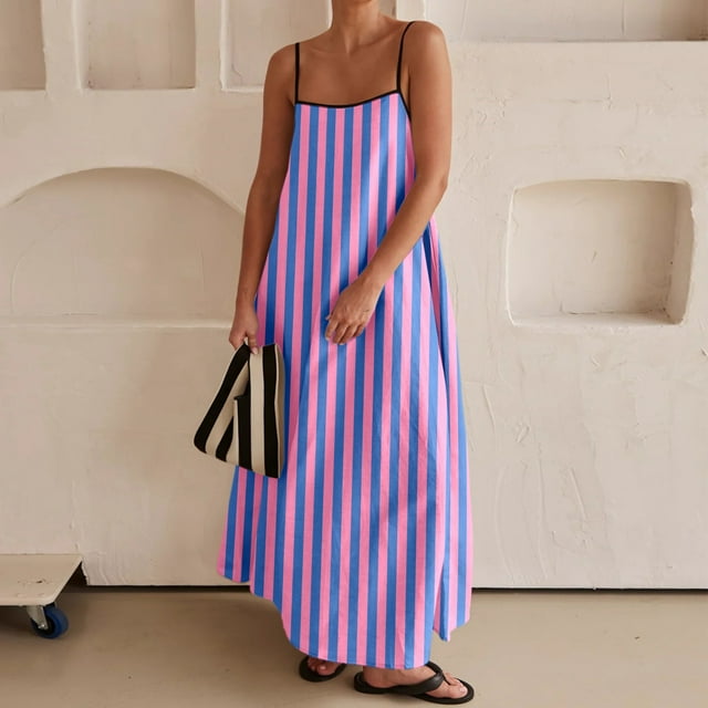 WILLBEST Robes du Dimanche pour Femmes Robe Maxi Contrastée Bretelles Spaghetti Tenues d'Été Voyage Sans Manches Longues Robes