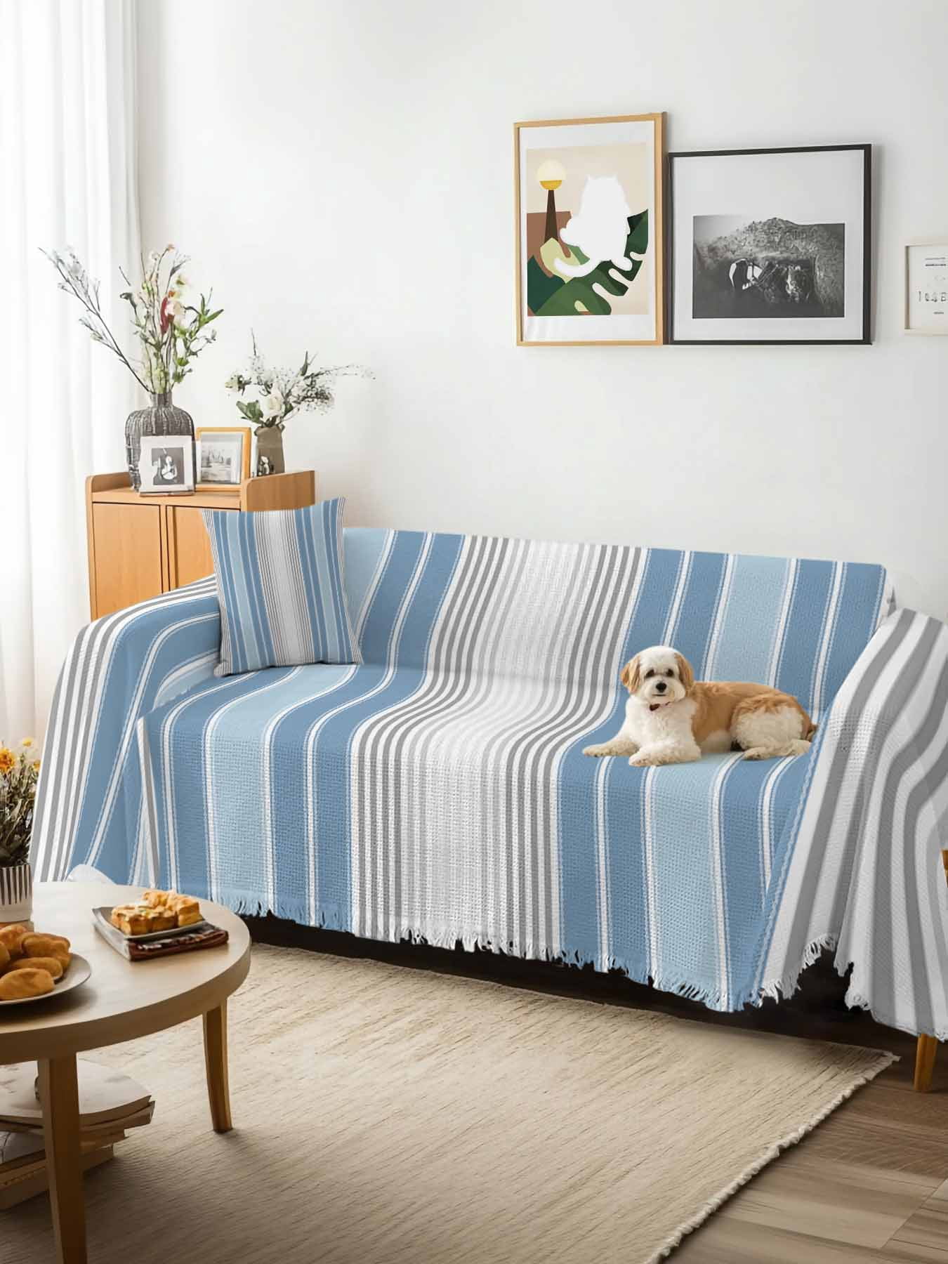 Blue Gray Stripes Couch Cover, Contemporary Minimalist Abstract Lines Sofa Cover Blanket for 2 Seat Cushion,Sectional Sofa Slipcover Furniture Protector for Living Room Bedroom 71''x102''