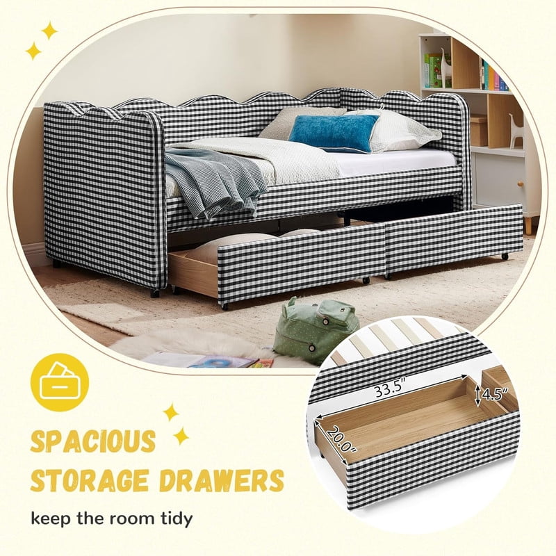 Twin Size Cozy Gingham Daybed with 2 Storage Drawers, Wave Shaped Linen Fabric Sofa Bed with USB Port for Living Room Bedroom