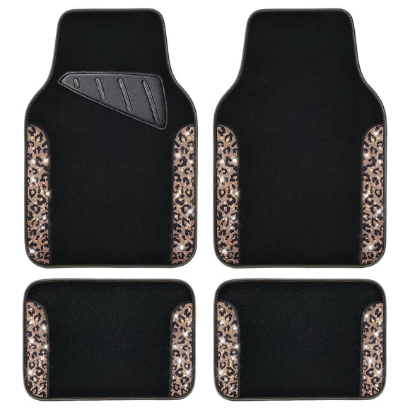 Tapetes para piso de auto CAR PASS Gold Leopard con brillo y pedrería, 4 piezas