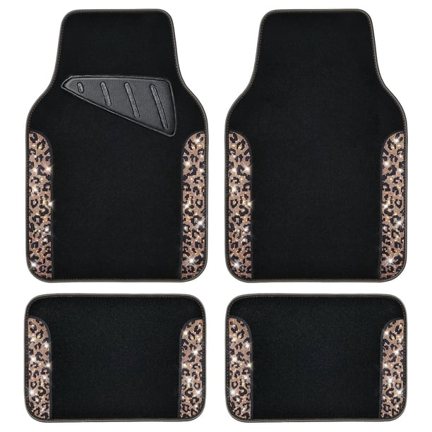 Tapetes para piso de auto CAR PASS Gold Leopard con brillo y pedrería, 4 piezas