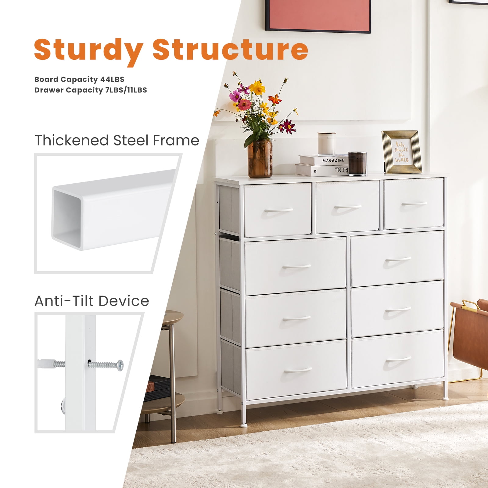 Gianna 9 Drawers Dresser, Fabric Drawer Cabinet for Home Office, Wihte