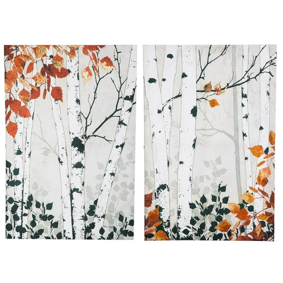 Modern Fall Birch Trees Wall Canvas With Gold Overpaint Set Of 2