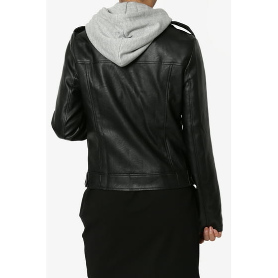 Themogan Junior S Moto Biker Hooded Notch Lapel Faux Leather Jacket